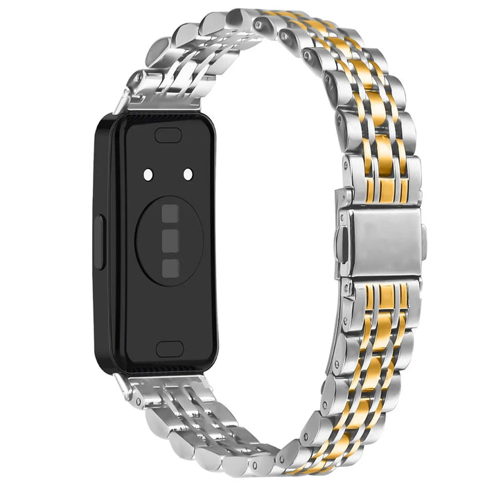 Watch Band For Huawei Band 10 / 9 / 8 , Slim 7-Bead Electroplated Stainless Steel Strap - Silver / Gold - 1