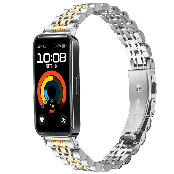 Watch Band For Huawei Band 10 / 9 / 8 , Slim 7-Bead Electroplated Stainless Steel Strap - Silver / Gold - 2