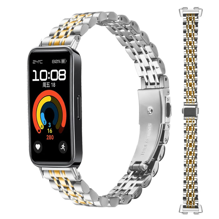 Watch Band For Huawei Band 10 / 9 / 8 , Slim 7-Bead Electroplated Stainless Steel Strap - Silver / Gold - 3