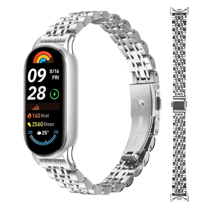 Watch Band For Xiaomi Smart Band 10 / 9 / 8 , Slim 7-Bead Stainless Steel Strap - Silver - 2
