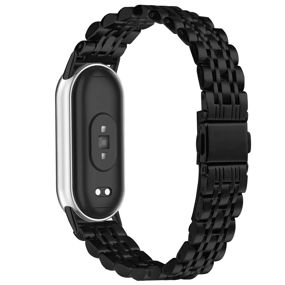 Watch Band For Xiaomi Smart Band 10 / 9 / 8 , Slim 7-Bead Stainless Steel Strap - Black - 1