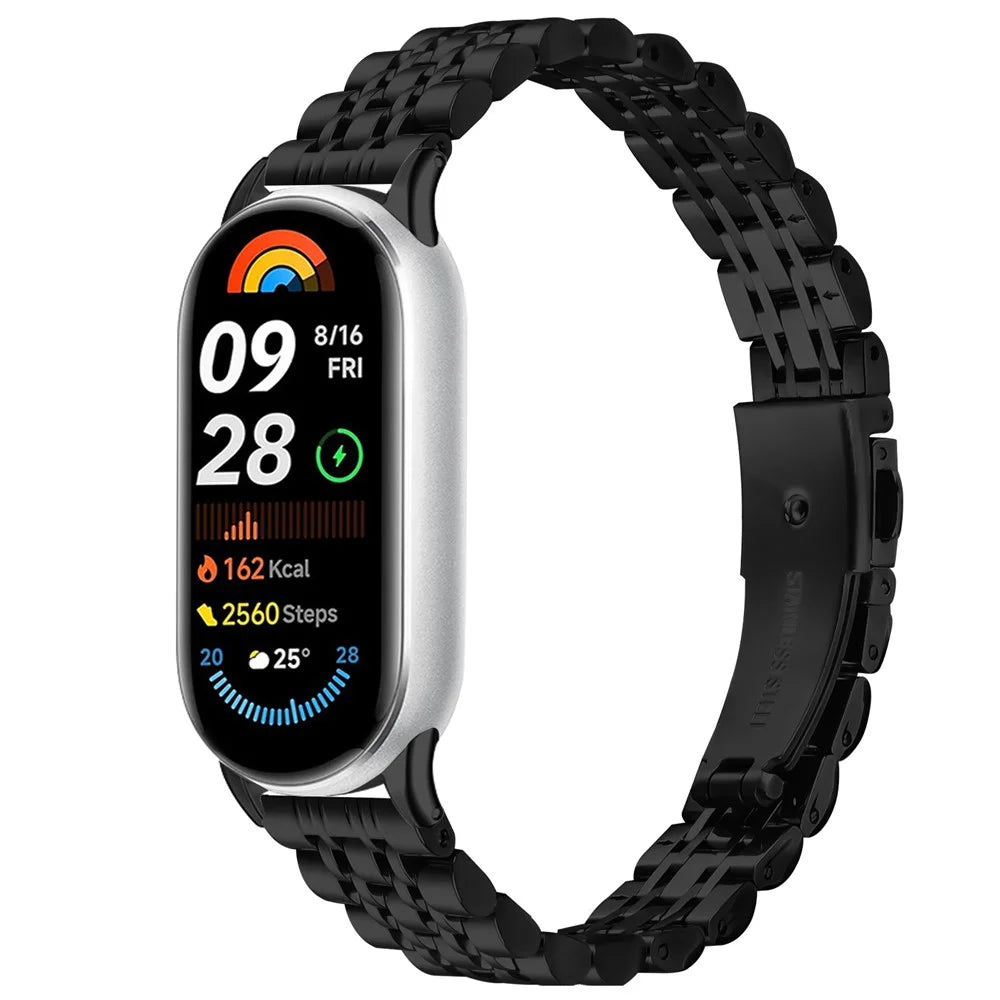 Watch Band For Xiaomi Smart Band 10 / 9 / 8 , Slim 7-Bead Stainless Steel Strap - Black - 2