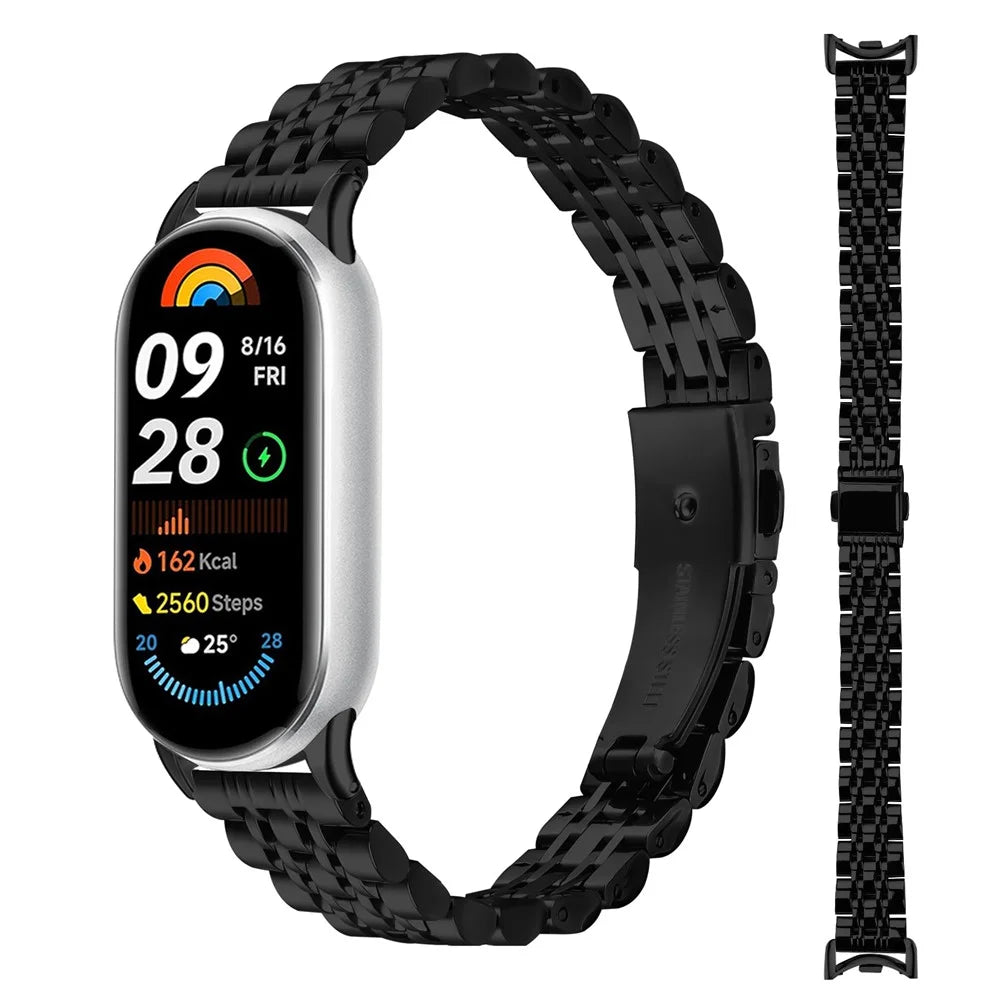 Watch Band For Xiaomi Smart Band 10 / 9 / 8 , Slim 7-Bead Stainless Steel Strap - Black - 3