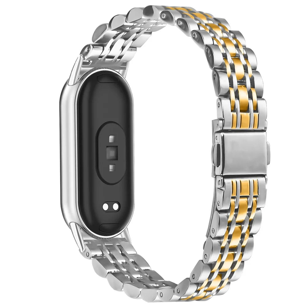 Watch Band For Xiaomi Smart Band 10 / 9 / 8 , Slim 7-Bead Electroplated Stainless Steel Strap - Silver / Gold - 1