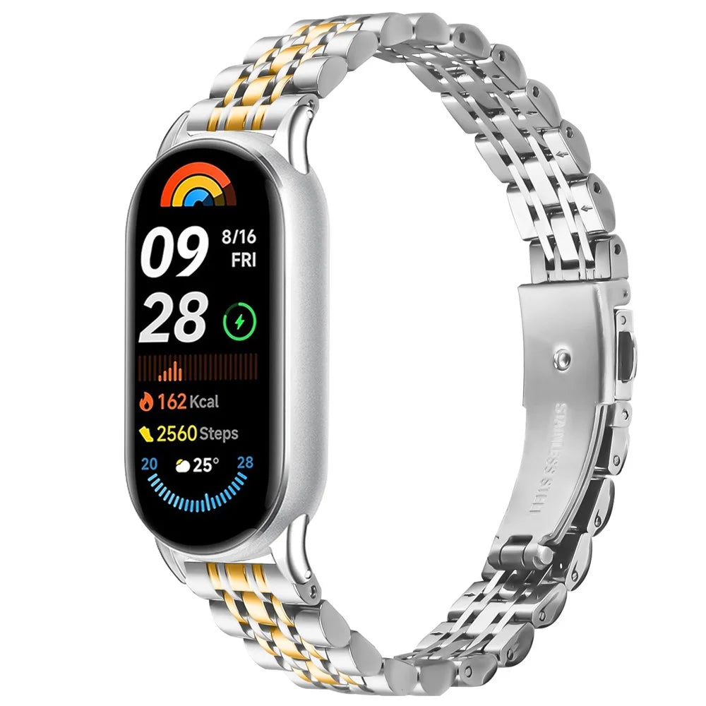 Watch Band For Xiaomi Smart Band 10 / 9 / 8 , Slim 7-Bead Electroplated Stainless Steel Strap - Silver / Gold - 2