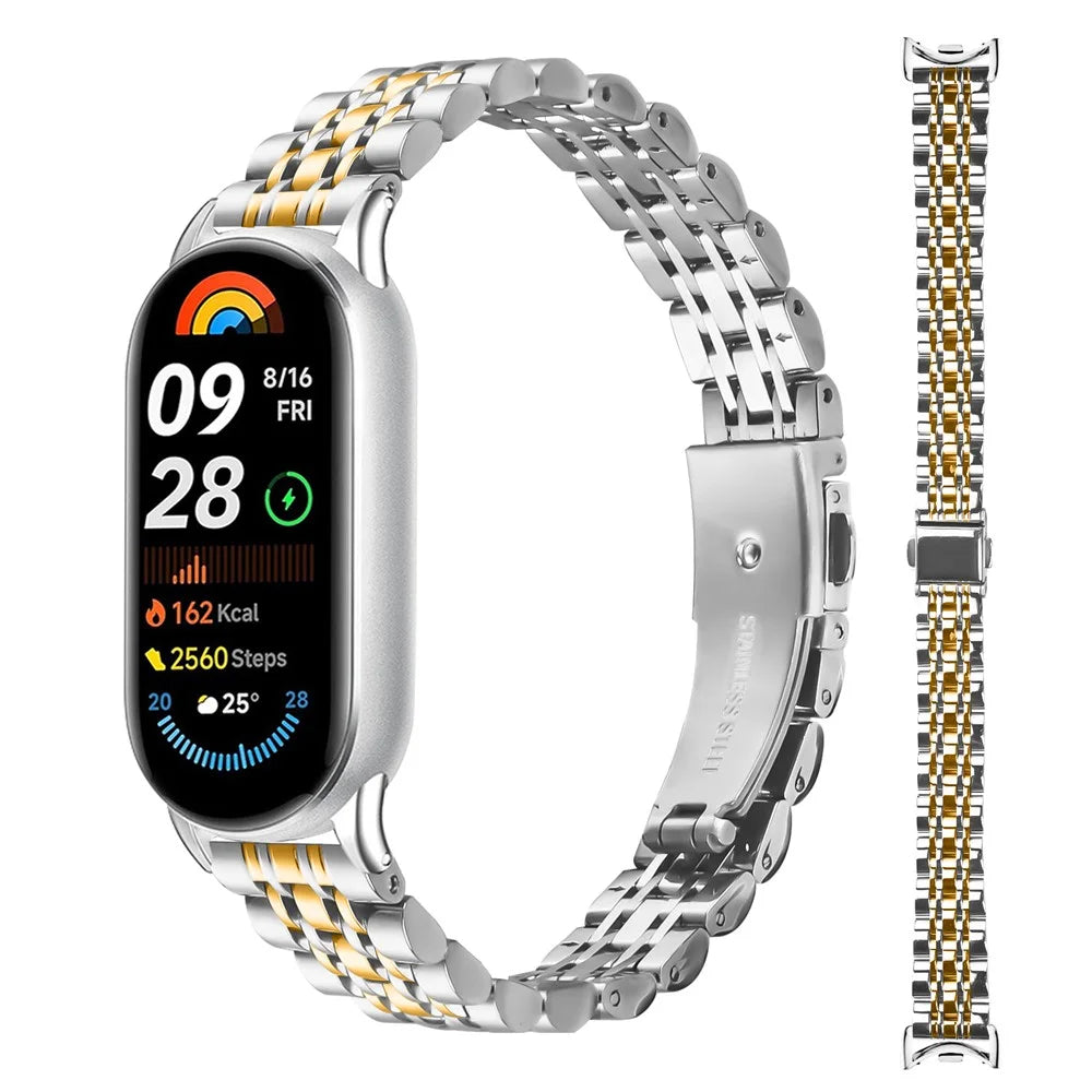 Watch Band For Xiaomi Smart Band 10 / 9 / 8 , Slim 7-Bead Electroplated Stainless Steel Strap - Silver / Gold - 3