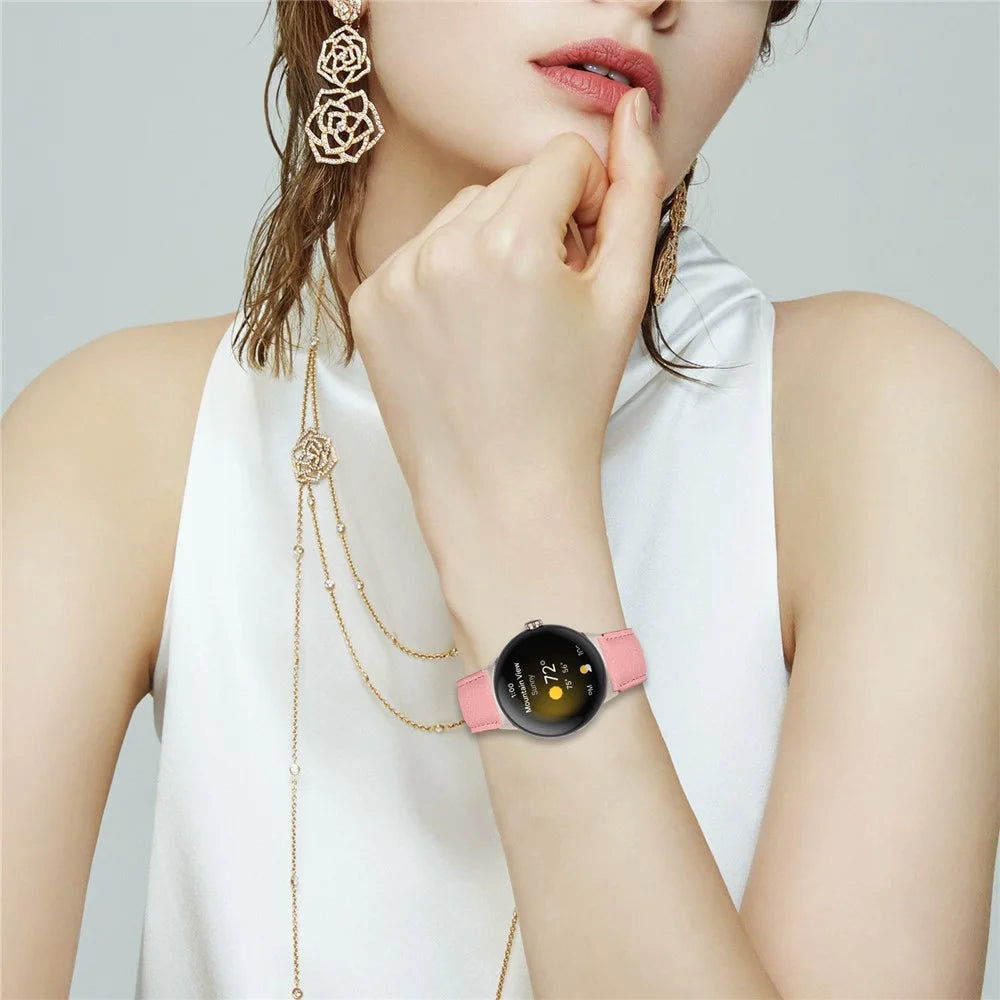 Wrist Strap For Google Pixel Watch 4 41mm / Watch 3 41mm / Watch 2 / Watch Genuine Leather Watch Band with Starlight Connector Turtle Back Buckle - Pink - 5