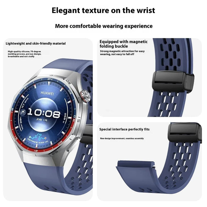 For Huawei Watch GT 6 Pro 46mm Magnetic Silicone Watch Band Solid Color Folding Clasp Adjustable Strap - Blue - 4
