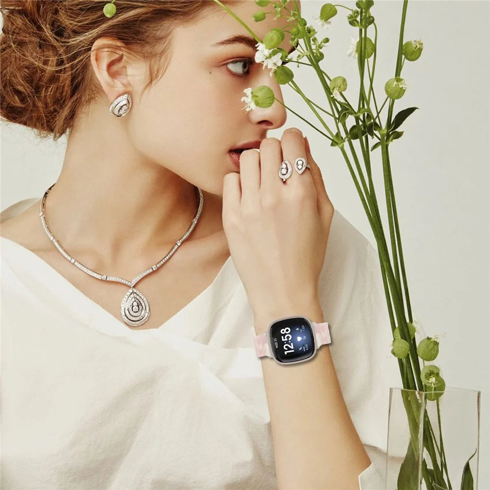 For Fitbit Versa 4 / Sense 2 Watch Band 1-Bead Acrylic Resin Waterproof Bracelet with Silver Buckle - Pink Brown - 4