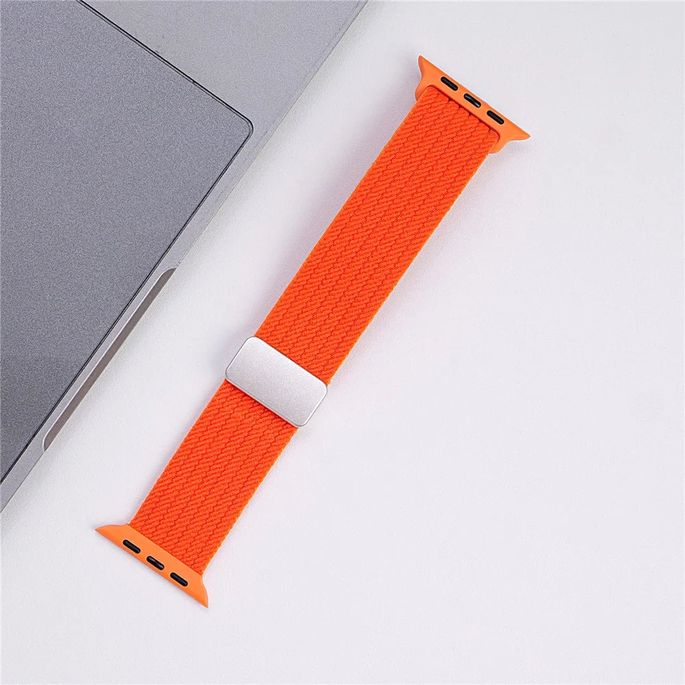 Magnetic Nylon Watch Band for Apple Watch Series 11 10 42mm  /  9 8 7 41mm  /  SE3 SE2 SE 6 5 4 40mm  /  3 2 1 38mm Adjustable Elastic Strap - Orange - 2