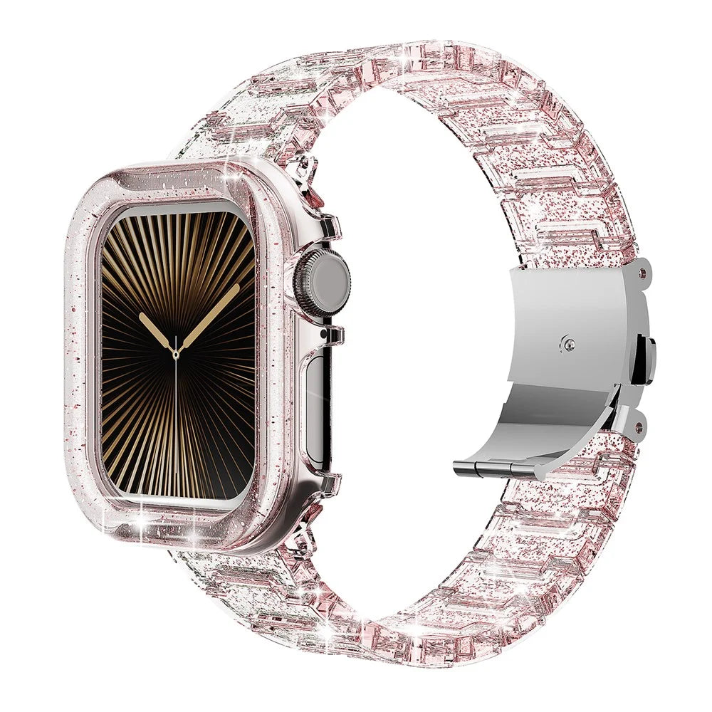 For Apple Watch Series 9 8 7 41mm Band Stylish PC Epoxy Resin Smartwatch Strap + Watch Case - Pink - 2