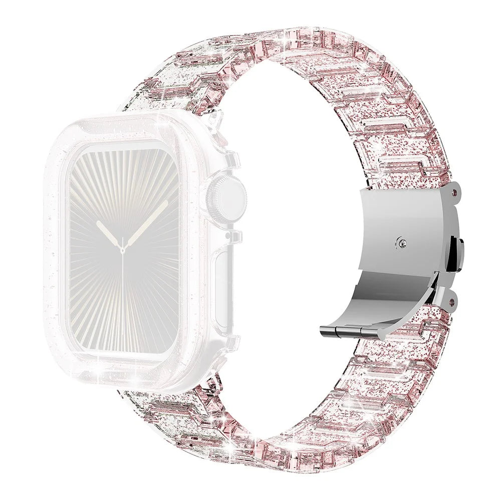 For Apple Watch Series 9 8 7 45mm Band Stylish PC Epoxy Resin Smartwatch Strap + Watch Case - Pink - 1
