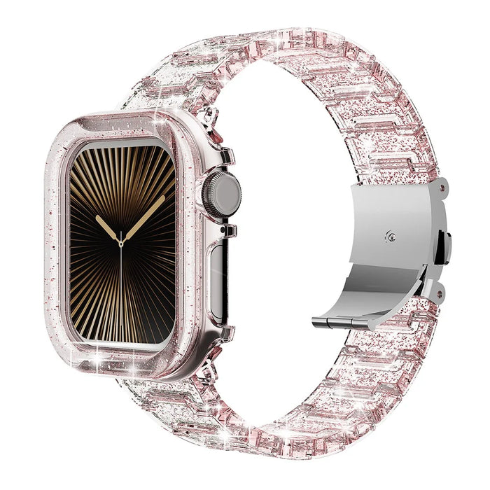 For Apple Watch Series 9 8 7 45mm Band Stylish PC Epoxy Resin Smartwatch Strap + Watch Case - Pink - 2