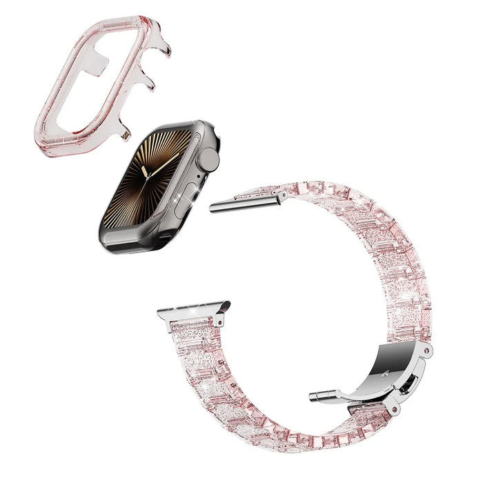 For Apple Watch Series 9 8 7 45mm Band Stylish PC Epoxy Resin Smartwatch Strap + Watch Case - Pink - 3