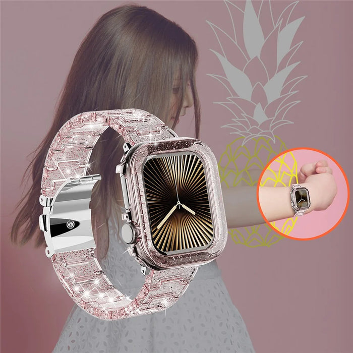 For Apple Watch Series 9 8 7 45mm Band Stylish PC Epoxy Resin Smartwatch Strap + Watch Case - Pink - 4