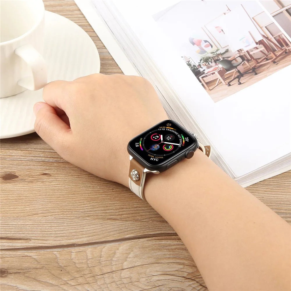 Watch Strap For Apple Watch Series 11 10 42mm / 9 8 7 41mm / SE3 SE2 SE 6 5 4 40mm / 3 2 1 38mm , Camellia Rivets Microfiber Leather Band Bracelet - White - 5