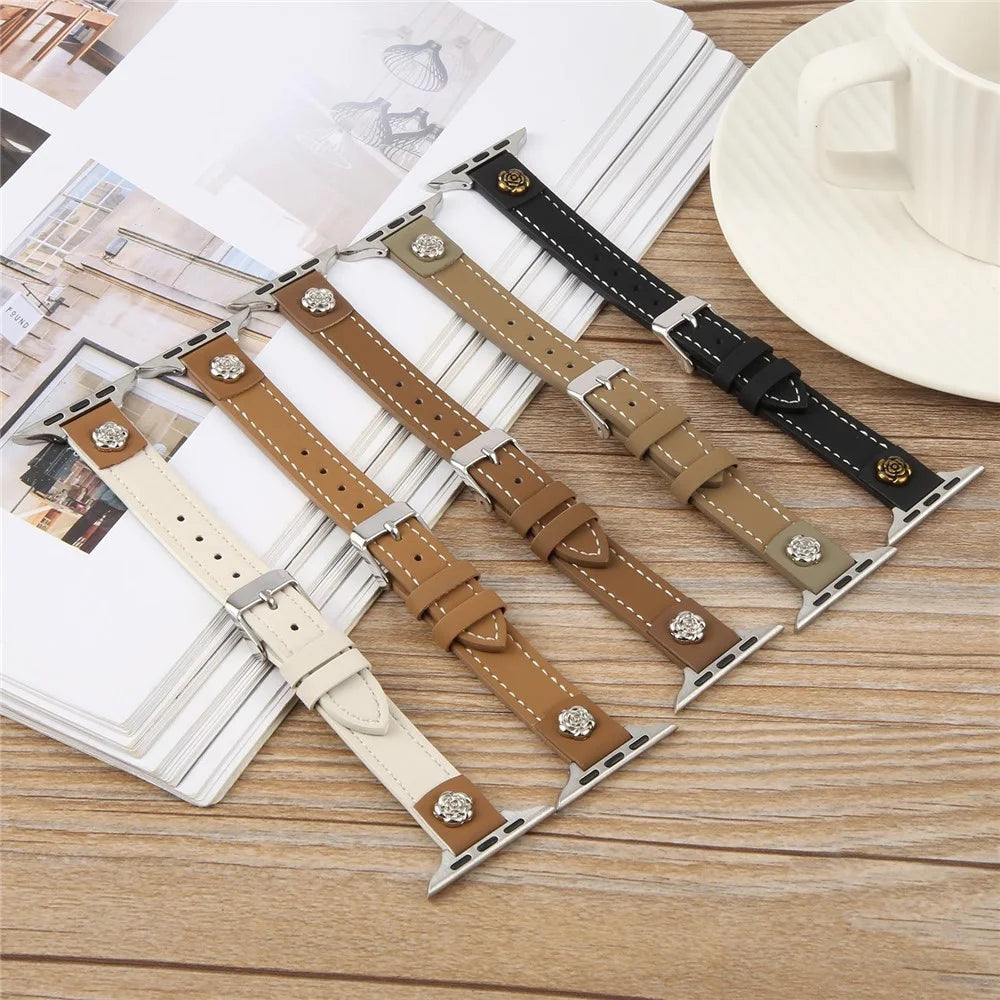 Watch Strap For Apple Watch Series 11 10 42mm / 9 8 7 41mm / SE3 SE2 SE 6 5 4 40mm / 3 2 1 38mm , Camellia Rivets Microfiber Leather Band Bracelet - White - 6