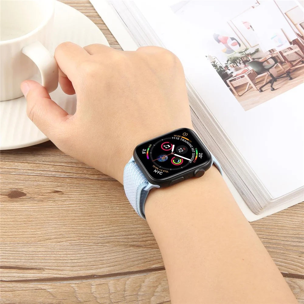 Watch Band For Apple Watch Ultra 3 2 1 49mm / Series 11 10 46mm / 9 8 7 45mm / SE3 SE2 SE 6 5 4 44mm / 3 2 1 42mm , Breathable Nylon Strap with Magnetic Buckle - Sky Blue + White - 5