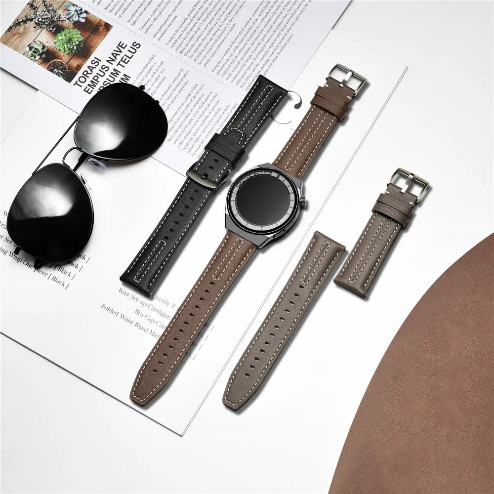 22mm Stitching Genuine Leather Strap for Huawei Watch GT 5 Pro / GT 5 / 4 46mm / Samsung Galaxy Watch3 45mm Replacement Watch Band - Grey - 5