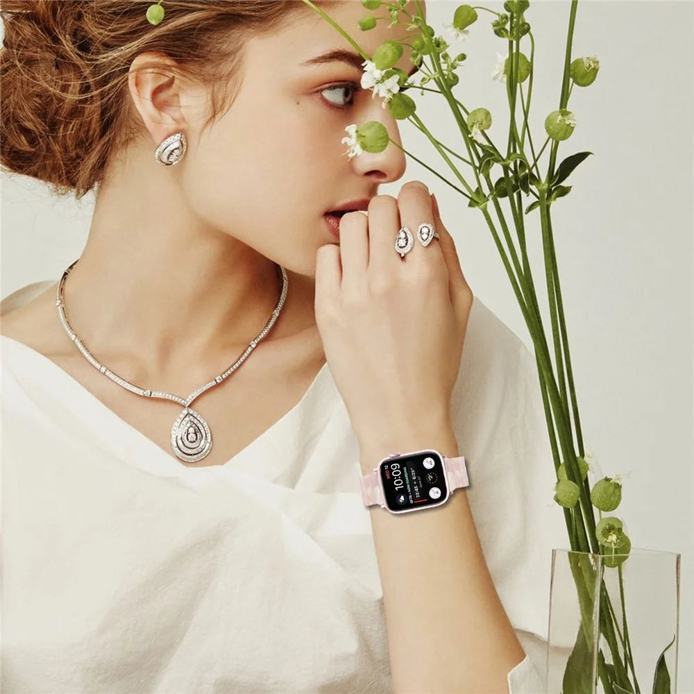 Watch Band For Apple Watch Ultra 3 2 1 49mm / Series 11 10 46mm / 9 8 7 45mm / SE3 SE2 SE 6 5 4 44mm / 3 2 1 42mm , 1-Bead Acrylic Resin Waterproof Bracelet - Pink Brown / Pink Buckle - 4