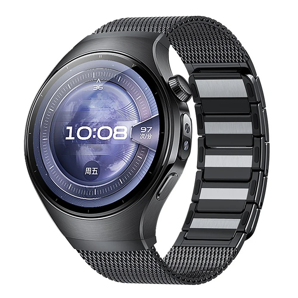 For Huawei Watch 5 46mm Stainless Steel Watch Band Seamless Magnetic Buckle Mesh Strap - Black - 2
