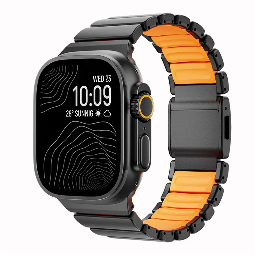 Magnetic Buckle Strap for Apple Watch Ultra 3 2 1 49mm  /  Series 11 10 46mm  /  9 8 7 45mm  /  SE3 SE2 SE 6 5 4 44mm  /  3 2 1 42mm Metal Watch Band - Black / Orange - 2