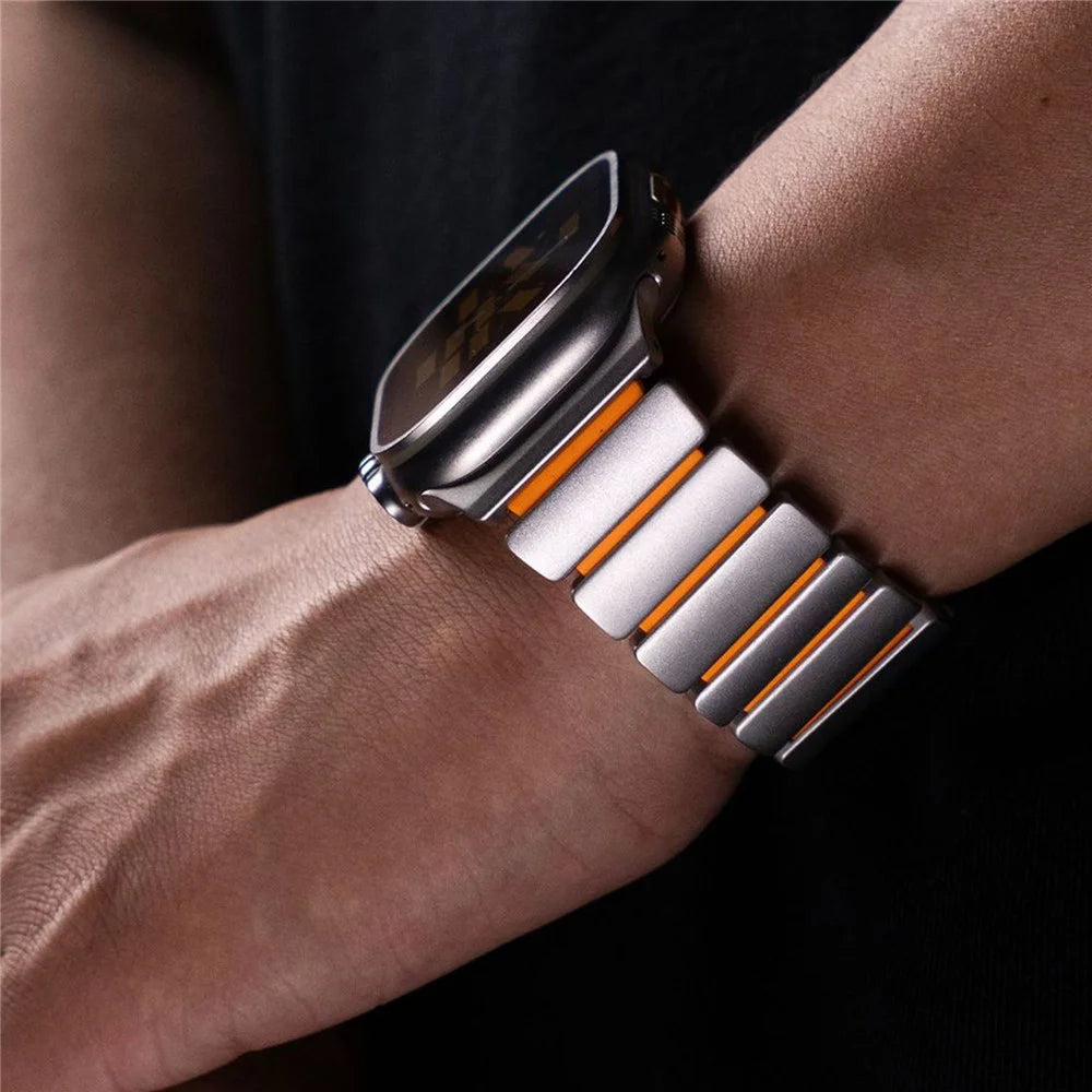 Magnetic Buckle Strap for Apple Watch Ultra 3 2 1 49mm  /  Series 11 10 46mm  /  9 8 7 45mm  /  SE3 SE2 SE 6 5 4 44mm  /  3 2 1 42mm Metal Watch Band - Black / Orange - 6