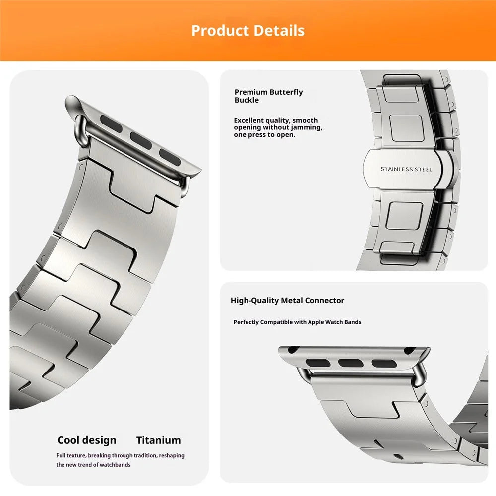 Watch Strap For Apple Watch Series 11 10 42mm / 9 8 7 41mm / SE3 SE2 SE 6 5 4 40mm / 3 2 1 38mm H-Type Titanium Alloy Band with Butterfly Clasp - Titanium - 4