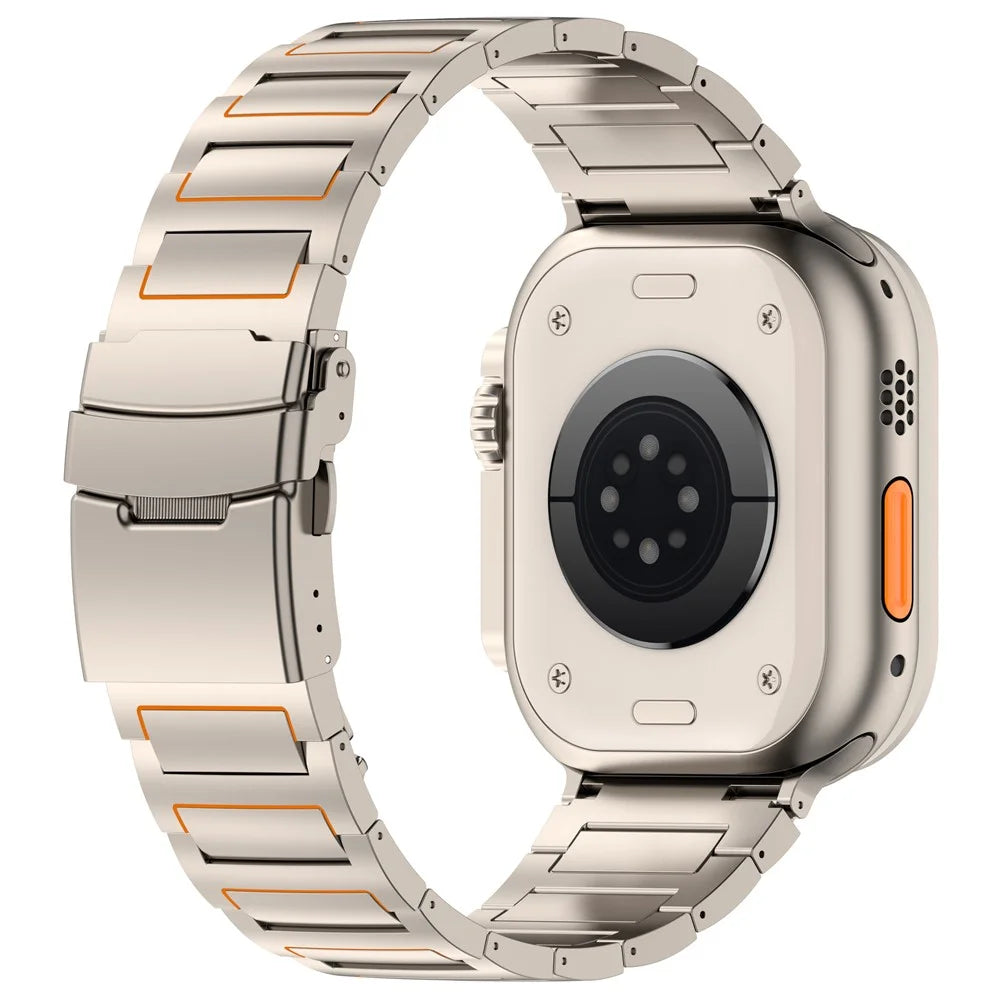 Watch Band For Apple Watch Series 11 10 42mm / 9 8 7 41mm / SE3 SE2 SE 6 5 4 40mm / 3 2 1 38mm , Safety Clasp Titanium Alloy Strap - Titanium + Orange - 1