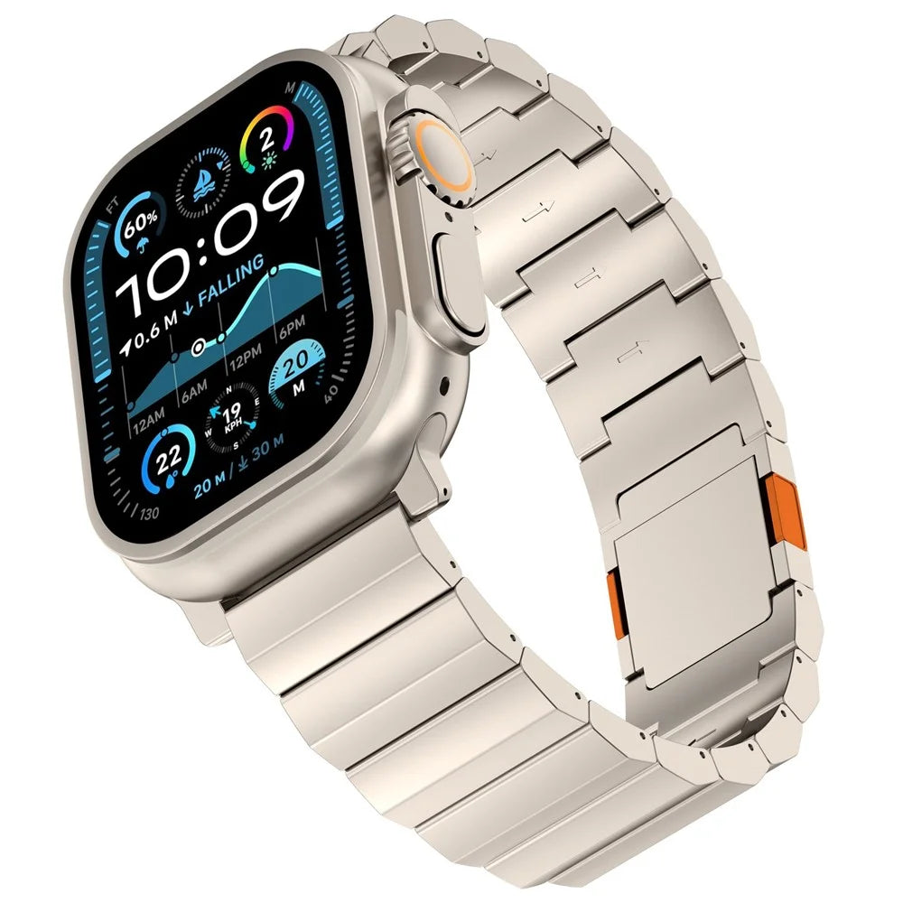Watch Band For Apple Watch Ultra 3 2 1 49mm / Series 11 10 46mm / 9 8 7 45mm / SE3 SE2 SE 6 5 4 44mm / 3 2 1 42mm , Magnetic Buckle 1-Bead Titanium Alloy Strap - Titanium + Orange - 4