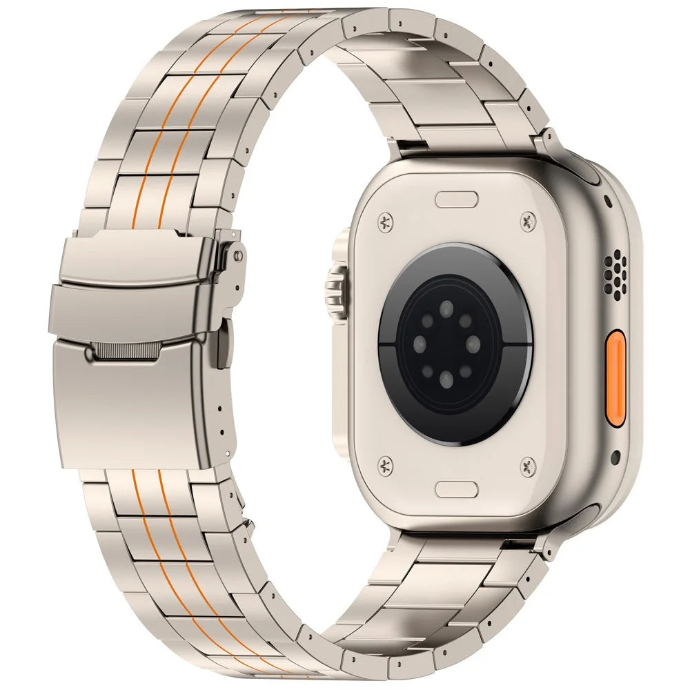 Watch Band For Apple Watch Ultra 49mm / Series 11 10 46mm / 9 8 7 45mm / SE3 SE2 SE 6 5 4 44mm / 3 2 1 42mm , Safety Clasp Titanium Alloy Strap - Titanium + Orange - 1