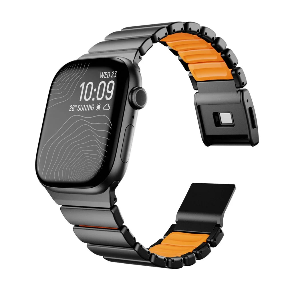 Watch Strap For Apple Watch Ultra 3 2 1 49mm / Series 11 10 46mm / 9 8 7 45mm / SE3 SE2 SE 6 5 4 44mm / 3 2 1 42mm , 1-Bead Stainless Steel Band with Magnetic Buckle - Black + Orange - 2