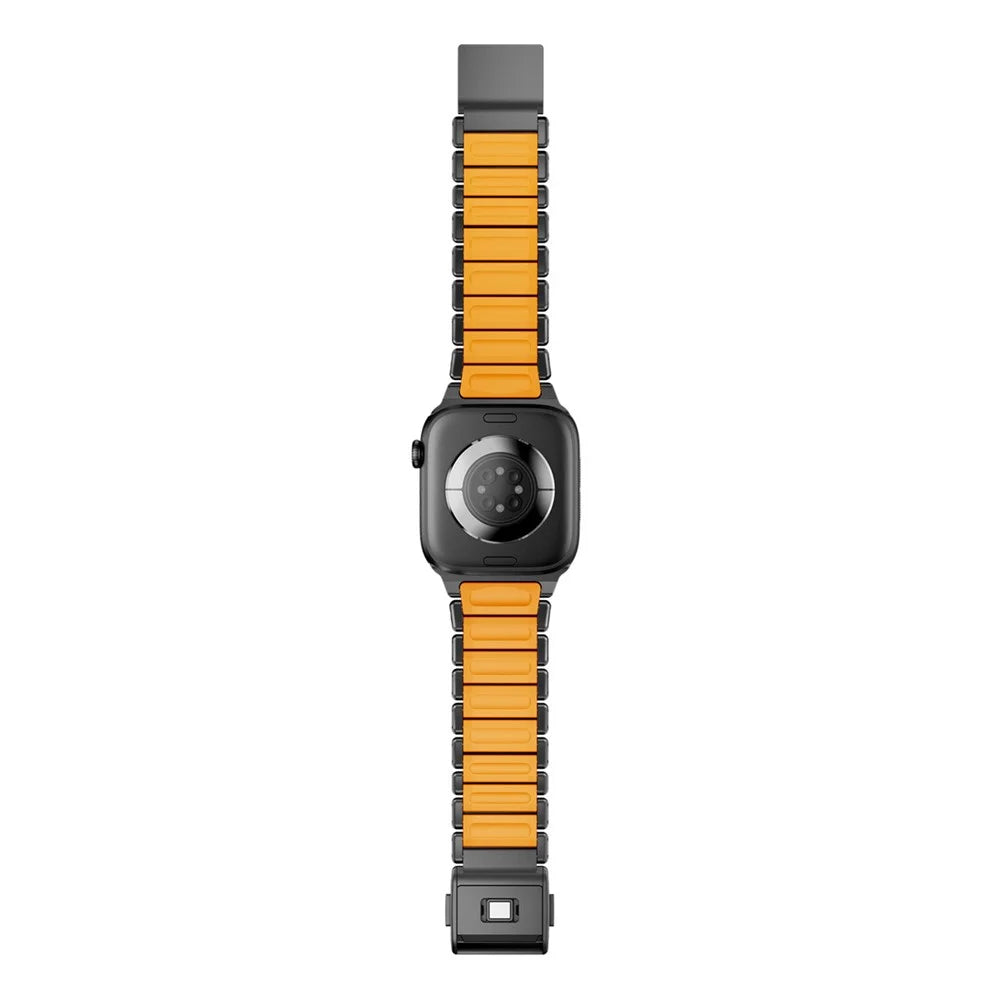 Watch Strap For Apple Watch Ultra 3 2 1 49mm / Series 11 10 46mm / 9 8 7 45mm / SE3 SE2 SE 6 5 4 44mm / 3 2 1 42mm , 1-Bead Stainless Steel Band with Magnetic Buckle - Black + Orange - 5