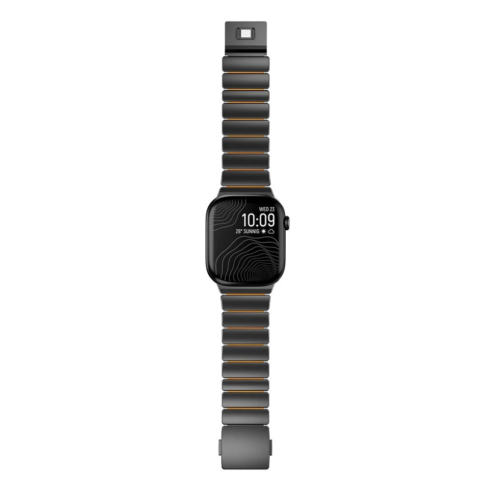 Watch Strap For Apple Watch Ultra 3 2 1 49mm / Series 11 10 46mm / 9 8 7 45mm / SE3 SE2 SE 6 5 4 44mm / 3 2 1 42mm , 1-Bead Stainless Steel Band with Magnetic Buckle - Black + Orange - 6