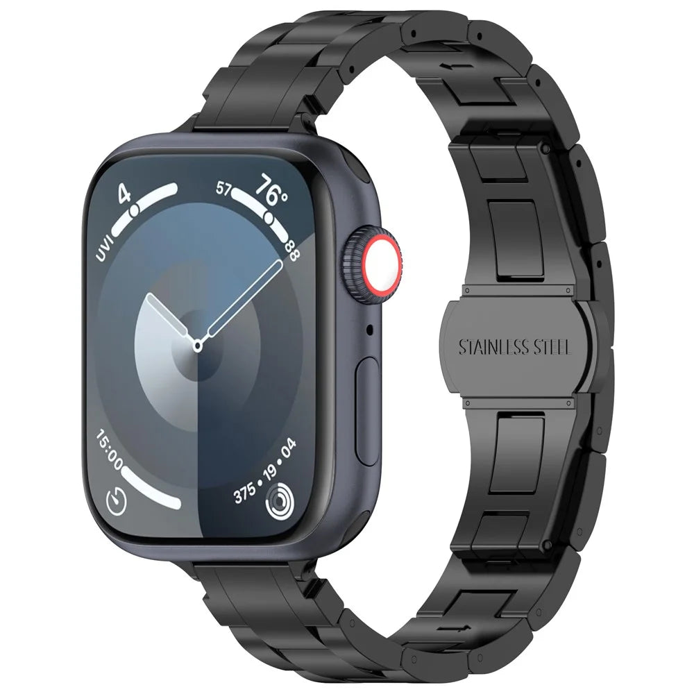 Watch Band For Apple Watch Ultra 3 2 1 49mm / Series 11 10 46mm / 9 8 7 45mm / SE3 SE2 SE 6 5 4 44mm / 3 2 1 42mm , Slim 3-Bead Titanium Alloy Wrist Strap - Black - 4