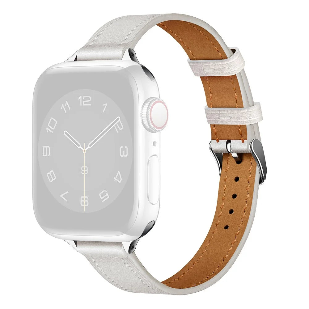 Genuine Leather Watch Band for Apple Watch Ultra 3 2 1 49mm  /  Series 11 10 46mm  /  9 8 7 45mm  /  SE3 SE2 SE 6 5 4 44mm  /  3 2 1 42mm Slim Watch Strap - White - 1
