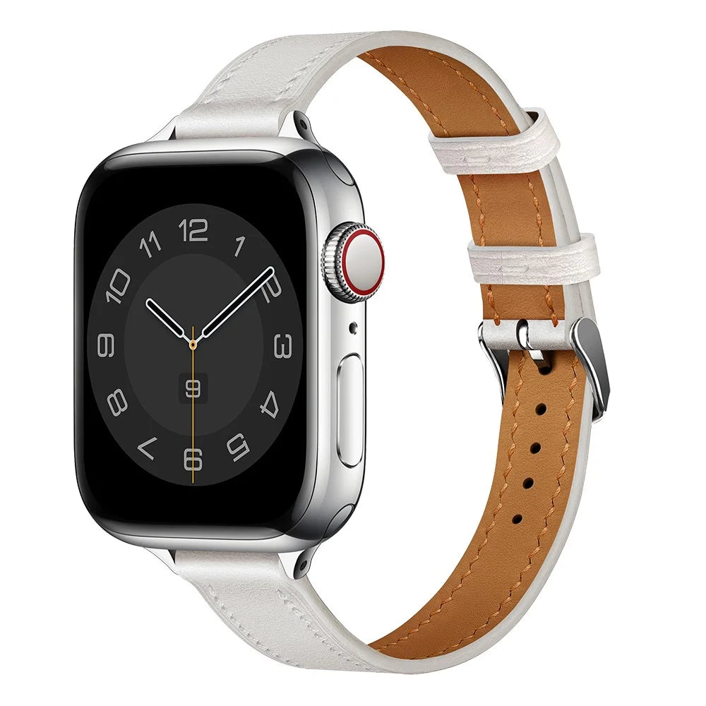 Genuine Leather Watch Band for Apple Watch Ultra 3 2 1 49mm  /  Series 11 10 46mm  /  9 8 7 45mm  /  SE3 SE2 SE 6 5 4 44mm  /  3 2 1 42mm Slim Watch Strap - White - 2