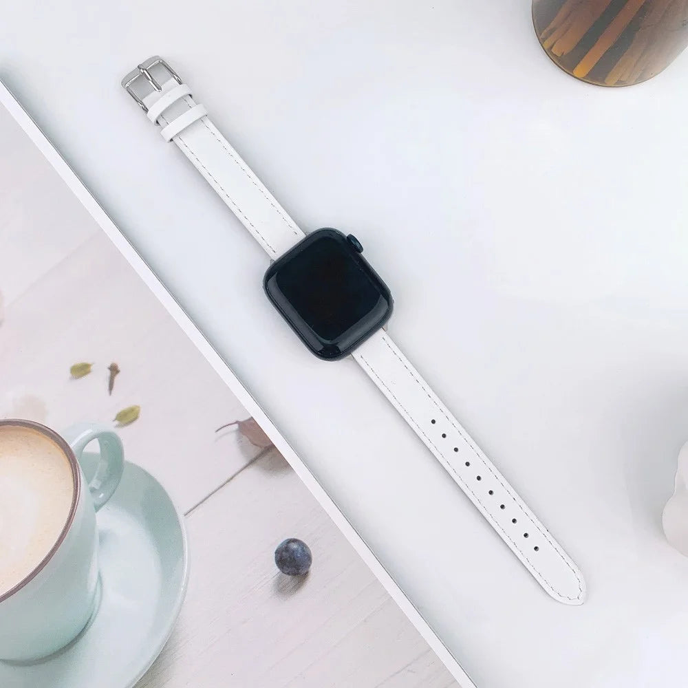 Genuine Leather Watch Band for Apple Watch Ultra 3 2 1 49mm  /  Series 11 10 46mm  /  9 8 7 45mm  /  SE3 SE2 SE 6 5 4 44mm  /  3 2 1 42mm Slim Watch Strap - White - 4