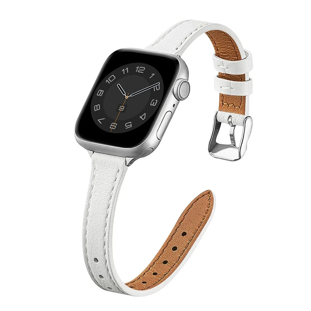 Genuine Leather Watch Band for Apple Watch Series 11 10 42mm  /  9 8 7 41mm  /  SE3 SE2 SE 6 5 4 40mm  /  3 2 1 38mm Slim Watch Strap - White - 3