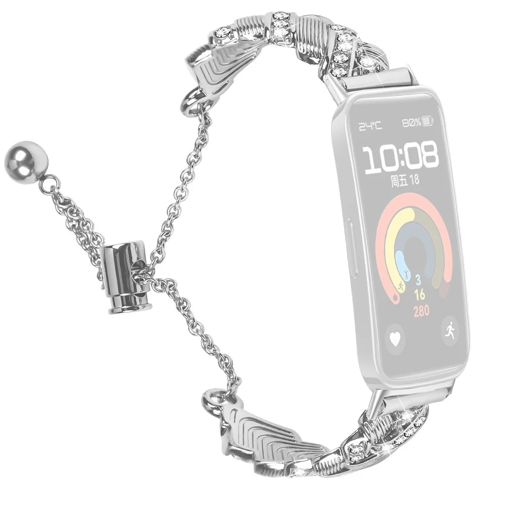 Watch Band For Huawei Band 10 / 9 / 8 , Drawstring Lock Zinc Alloy Rhinestone Decor Bracelet Strap - Silver - 1