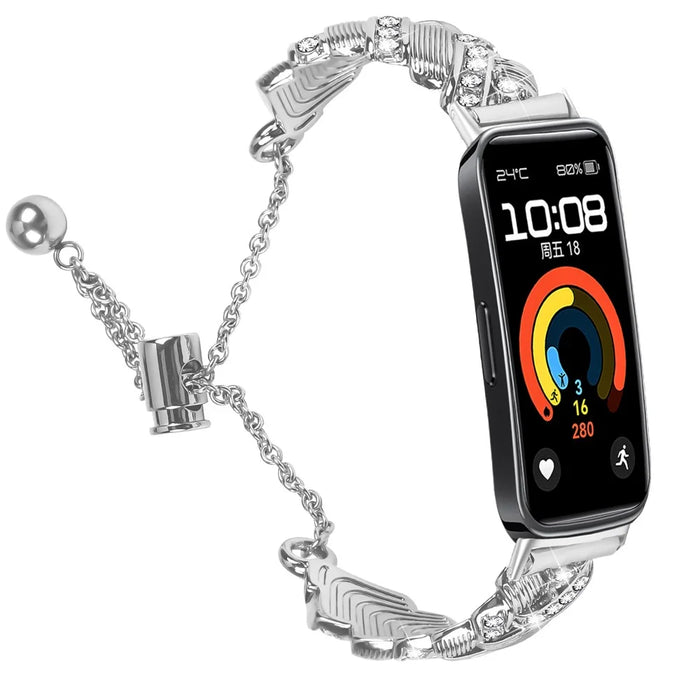 Watch Band For Huawei Band 10 / 9 / 8 , Drawstring Lock Zinc Alloy Rhinestone Decor Bracelet Strap - Silver - 2