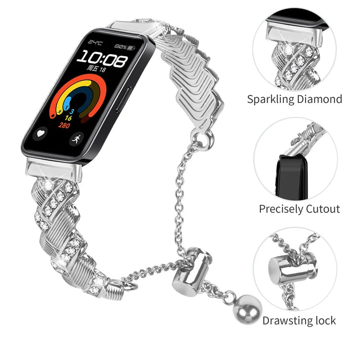 Watch Band For Huawei Band 10 / 9 / 8 , Drawstring Lock Zinc Alloy Rhinestone Decor Bracelet Strap - Silver - 3