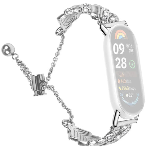 Watch Band For Xiaomi Smart Band 10 / 9 / 8 , Drawstring Lock Zinc Alloy Rhinestone Decor Bracelet Strap - Silver - 1
