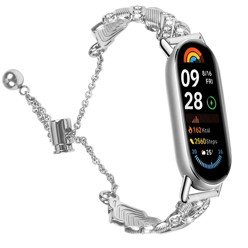Watch Band For Xiaomi Smart Band 10 / 9 / 8 , Drawstring Lock Zinc Alloy Rhinestone Decor Bracelet Strap - Silver - 2