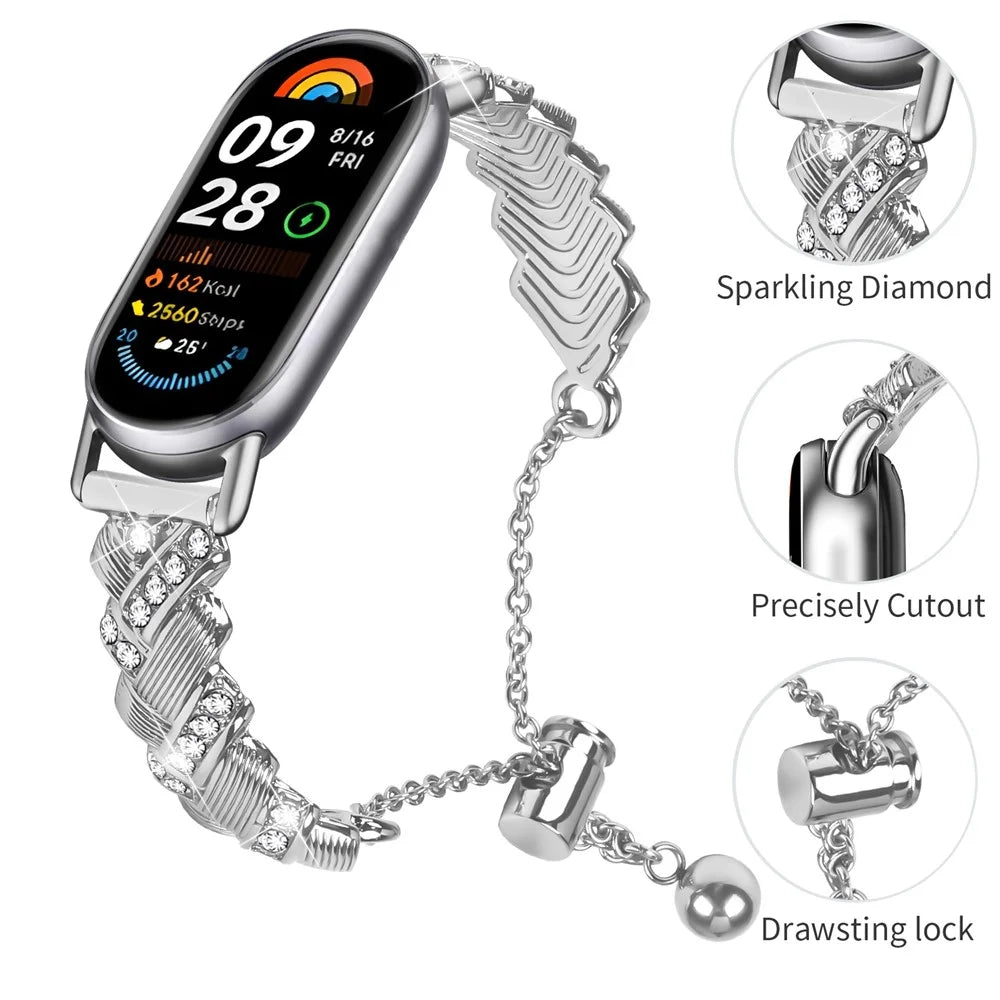 Watch Band For Xiaomi Smart Band 10 / 9 / 8 , Drawstring Lock Zinc Alloy Rhinestone Decor Bracelet Strap - Silver - 3