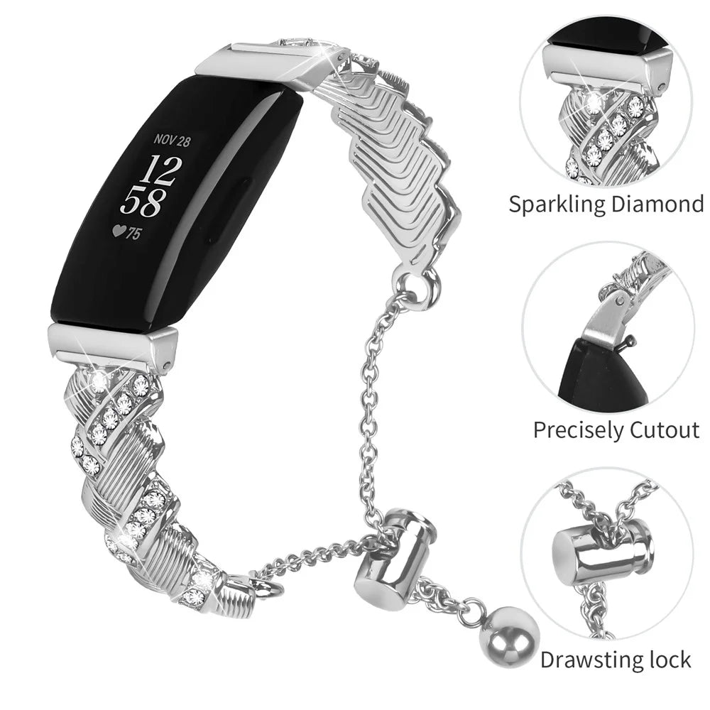 Watch Band For Fitbit Inspire / Inspire 2 / Inspire HR , Drawstring Lock Zinc Alloy Rhinestone Decor Bracelet Strap - Silver - 3