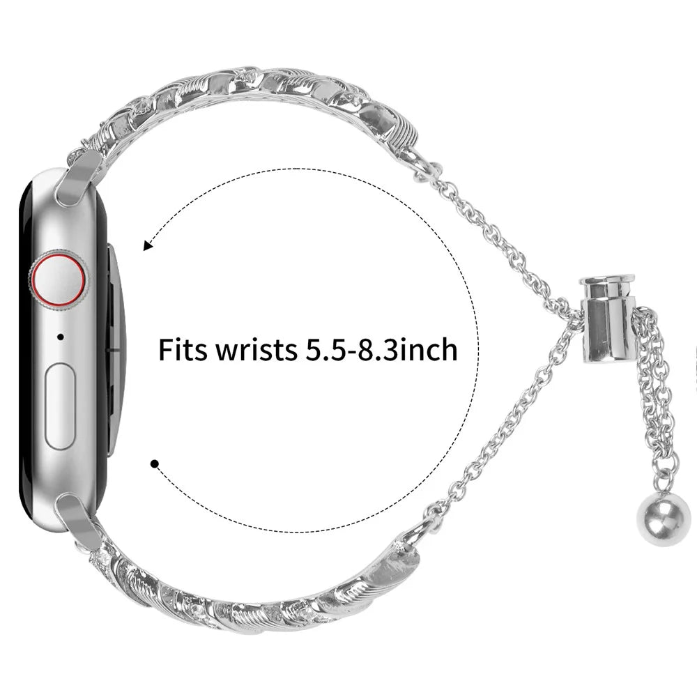 Watch Band For Apple Watch Series 11 10 42mm / 9 8 7 41mm / SE3 SE2 SE 6 5 4 40mm / 3 2 1 38mm , Drawstring Lock Zinc Alloy Rhinestone Decor Bracelet Strap - Silver - 7