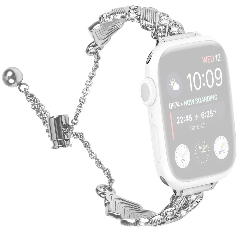 Watch Band For Apple Watch Ultra 3 2 1 49mm / Series 11 10 46mm / 9 8 7 45mm / SE3 SE2 SE 6 5 4 44mm / 3 2 1 42mm , Drawstring Lock Zinc Alloy Rhinestone Decor Bracelet Strap - Silver - 1