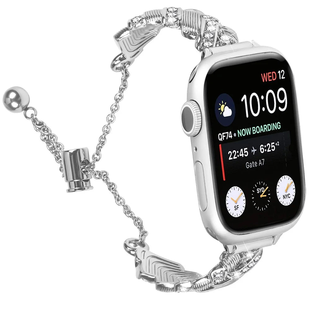 Watch Band For Apple Watch Ultra 3 2 1 49mm / Series 11 10 46mm / 9 8 7 45mm / SE3 SE2 SE 6 5 4 44mm / 3 2 1 42mm , Drawstring Lock Zinc Alloy Rhinestone Decor Bracelet Strap - Silver - 2