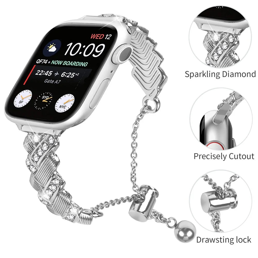 Watch Band For Apple Watch Ultra 3 2 1 49mm / Series 11 10 46mm / 9 8 7 45mm / SE3 SE2 SE 6 5 4 44mm / 3 2 1 42mm , Drawstring Lock Zinc Alloy Rhinestone Decor Bracelet Strap - Silver - 3